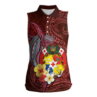 Tonga Humpback Whale Women Sleeveless Polo Shirt National Seal with Hibiscus and Polynesian Tattoo LT03 Female Red - Polynesian Pride
