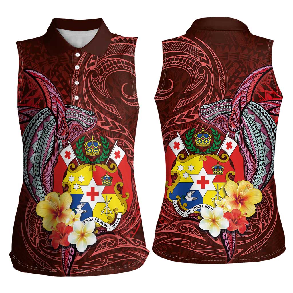 Tonga Humpback Whale Women Sleeveless Polo Shirt National Seal with Hibiscus and Polynesian Tattoo LT03 - Polynesian Pride