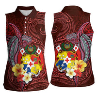 Tonga Humpback Whale Women Sleeveless Polo Shirt National Seal with Hibiscus and Polynesian Tattoo LT03 - Polynesian Pride