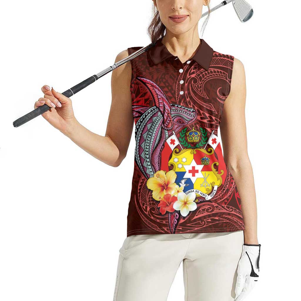 Tonga Humpback Whale Women Sleeveless Polo Shirt National Seal with Hibiscus and Polynesian Tattoo LT03 - Polynesian Pride