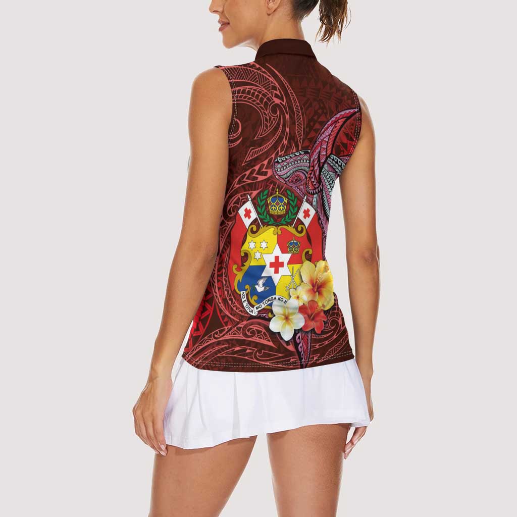 Tonga Humpback Whale Women Sleeveless Polo Shirt National Seal with Hibiscus and Polynesian Tattoo LT03 - Polynesian Pride