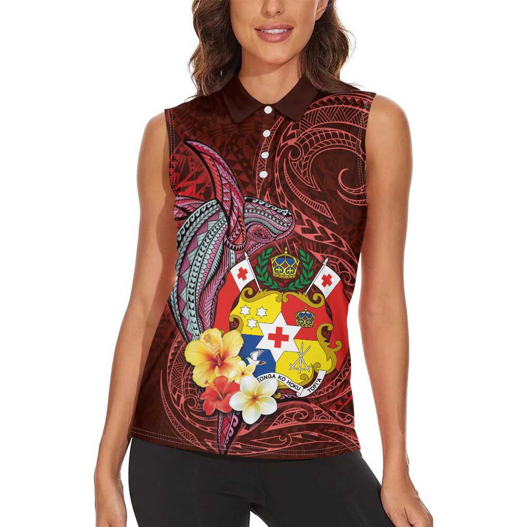 Tonga Humpback Whale Women Sleeveless Polo Shirt National Seal with Hibiscus and Polynesian Tattoo LT03 - Polynesian Pride