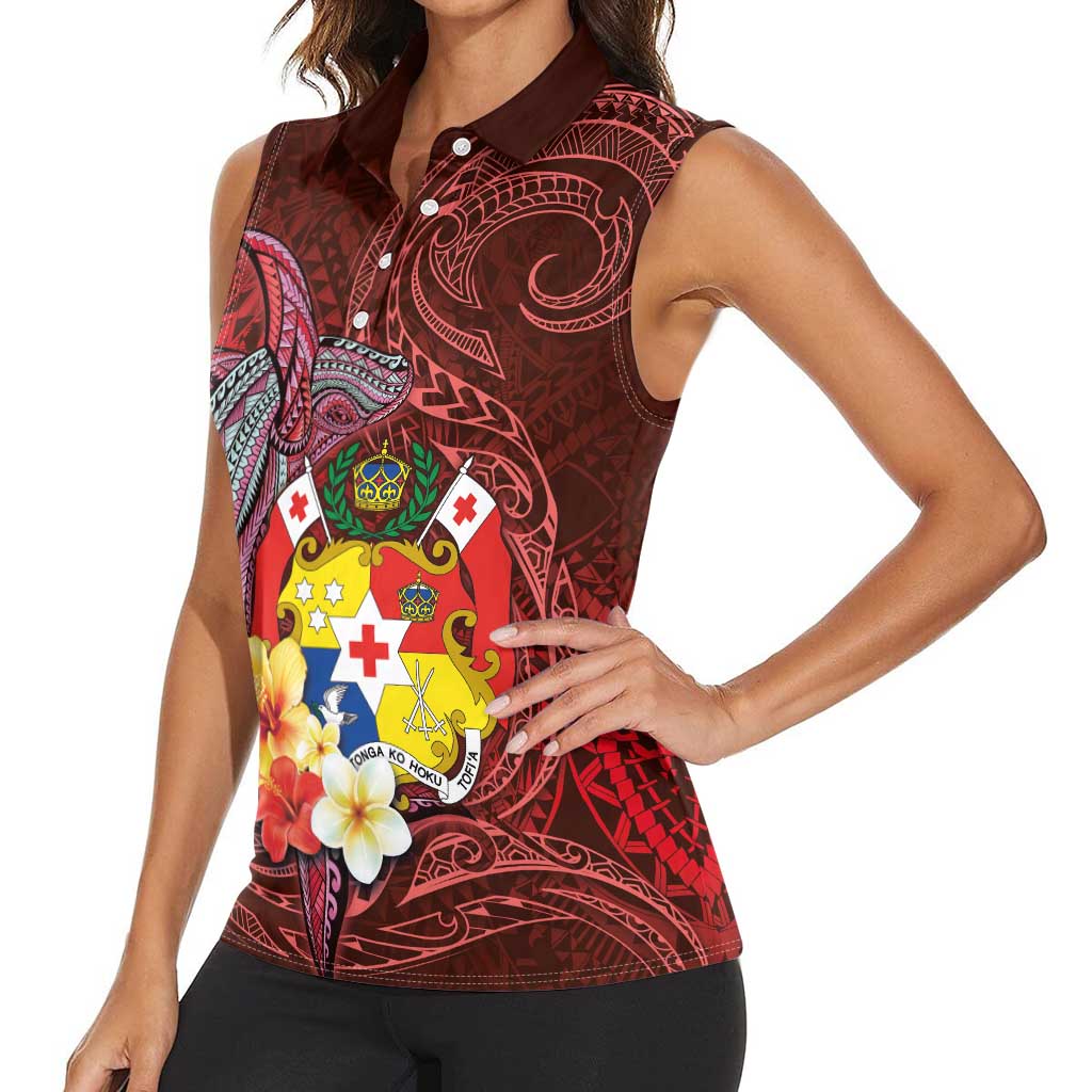 Tonga Humpback Whale Women Sleeveless Polo Shirt National Seal with Hibiscus and Polynesian Tattoo LT03 - Polynesian Pride
