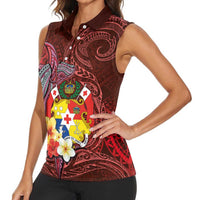 Tonga Humpback Whale Women Sleeveless Polo Shirt National Seal with Hibiscus and Polynesian Tattoo LT03 - Polynesian Pride