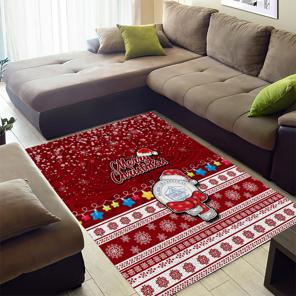 Palau Christmas Area Rug Snowman and Palau Coat of Arms Maori Tribal Xmas Style LT03 - Polynesian Pride