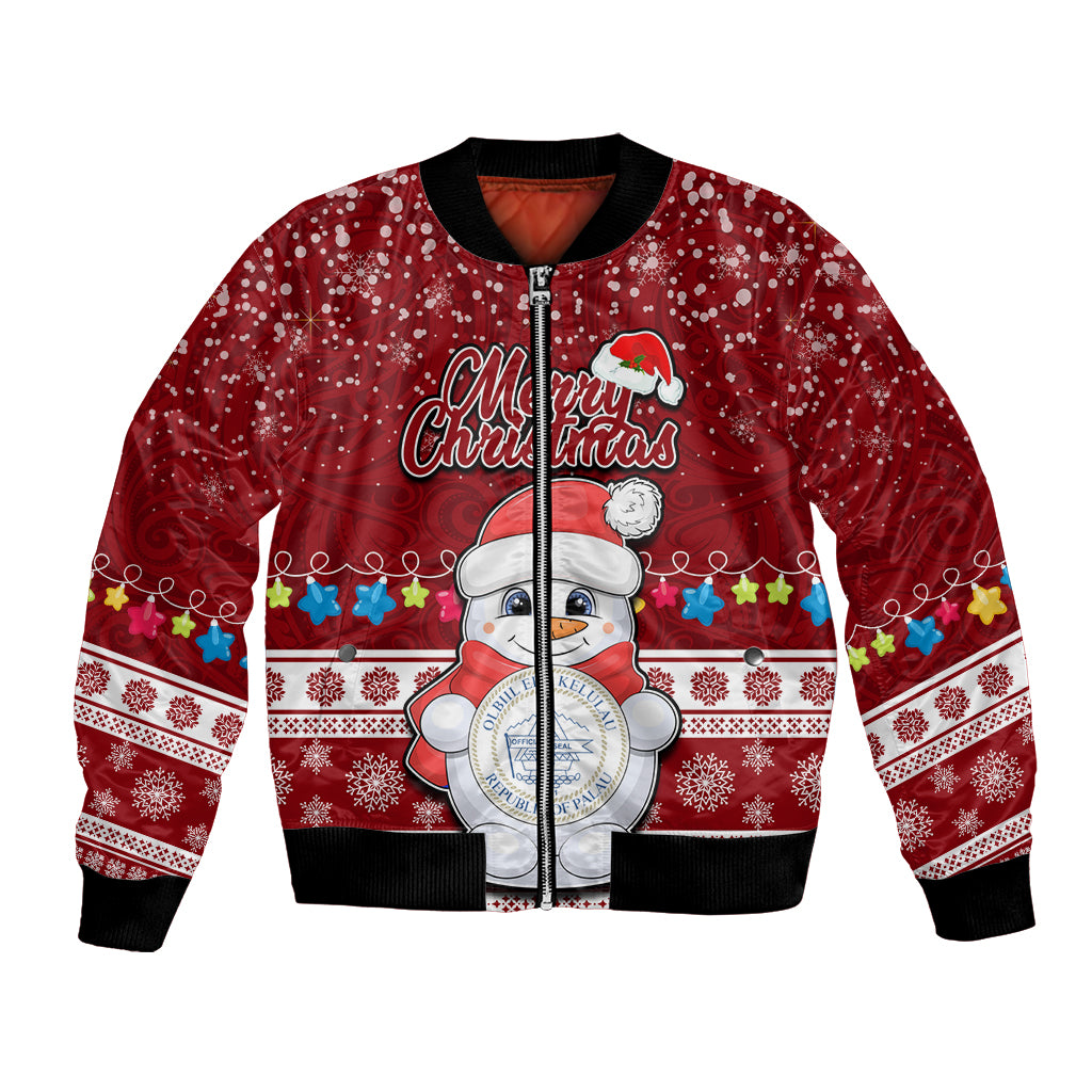 Palau Christmas Bomber Jacket Snowman and Palau Coat of Arms Maori Tribal Xmas Style LT03 Unisex Red - Polynesian Pride