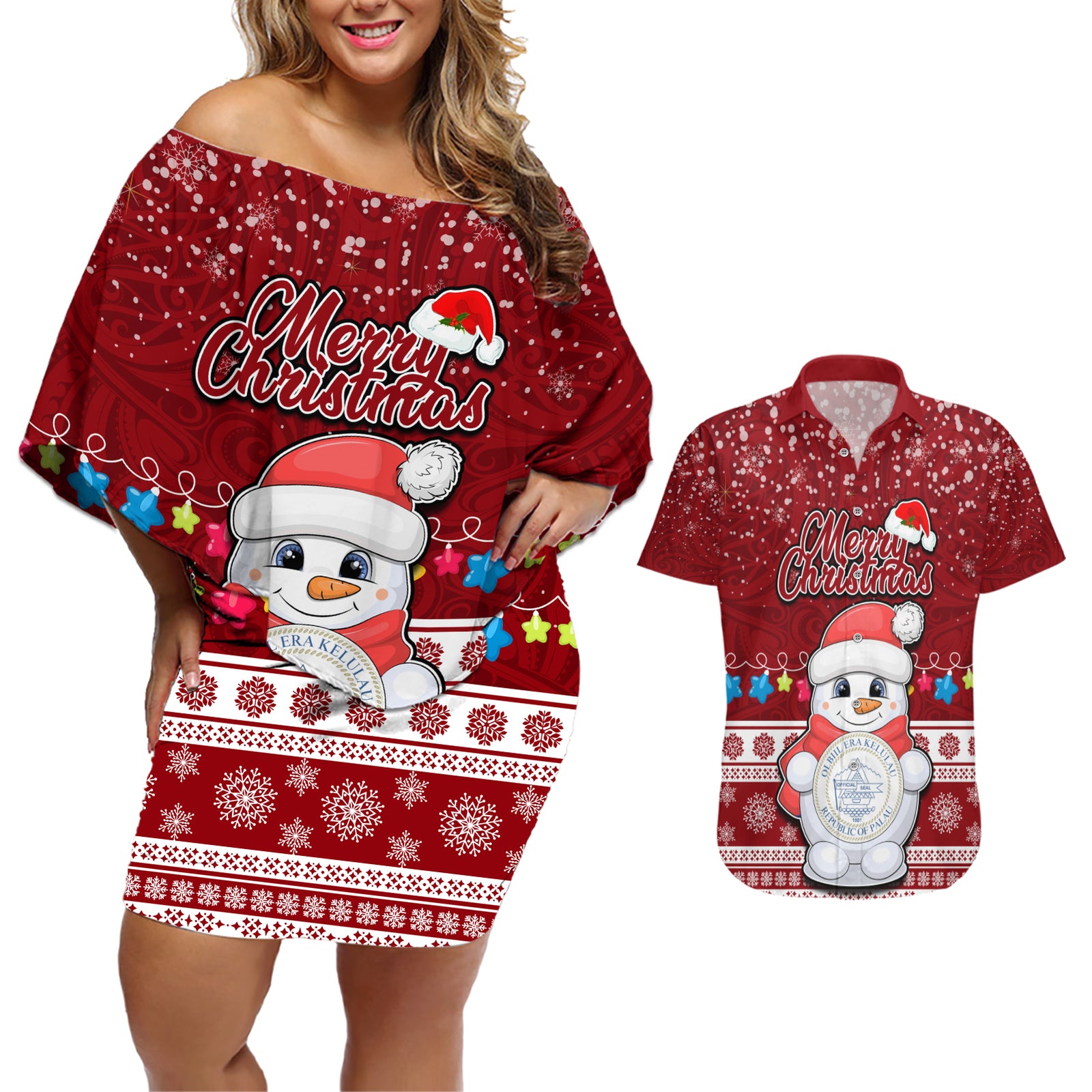 Palau Christmas Couples Matching Off Shoulder Short Dress and Hawaiian Shirt Snowman and Palau Coat of Arms Maori Tribal Xmas Style LT03 Red - Polynesian Pride