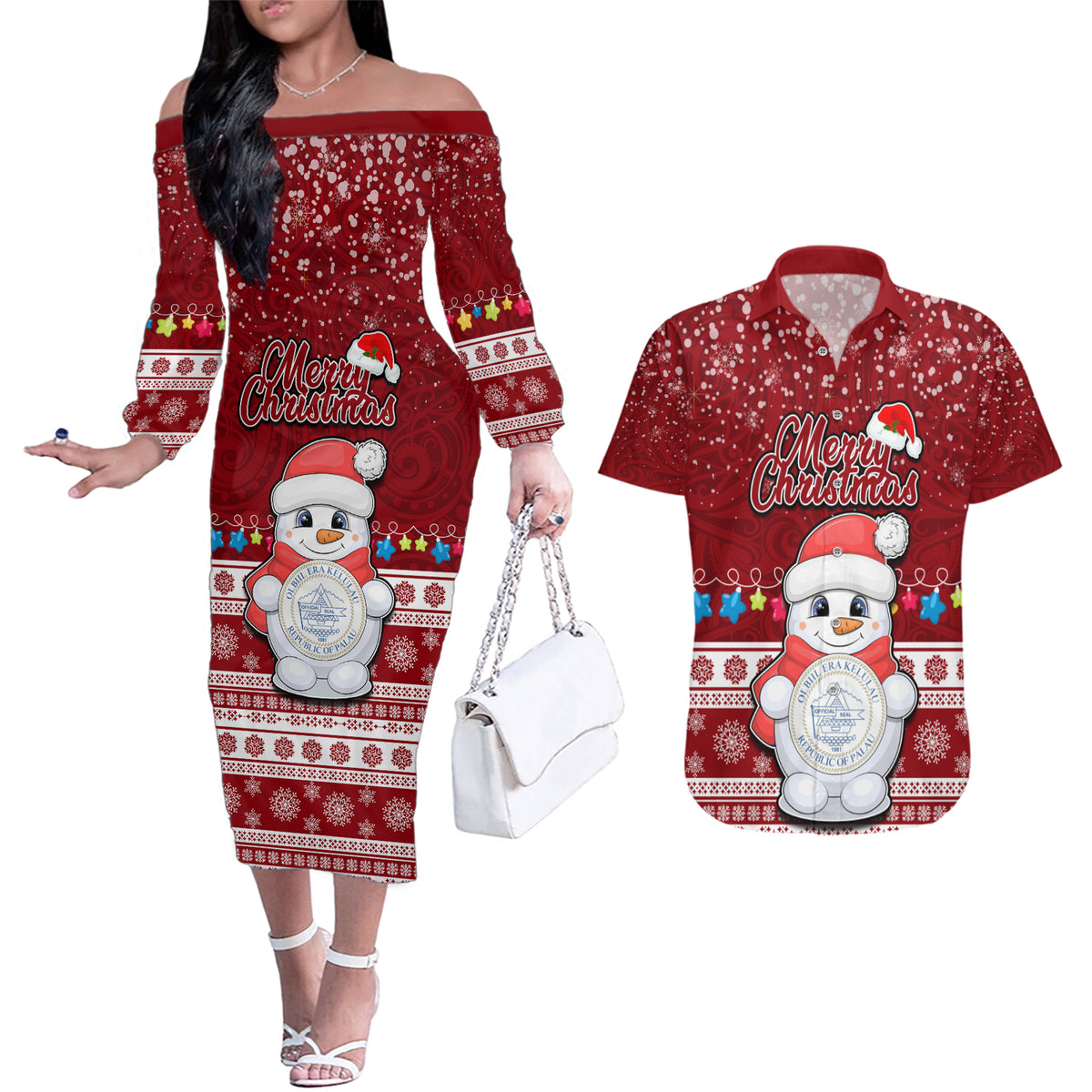 Palau Christmas Couples Matching Off The Shoulder Long Sleeve Dress and Hawaiian Shirt Snowman and Palau Coat of Arms Maori Tribal Xmas Style LT03 Red - Polynesian Pride