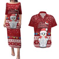 Palau Christmas Couples Matching Puletasi Dress and Hawaiian Shirt Snowman and Palau Coat of Arms Maori Tribal Xmas Style LT03 Red - Polynesian Pride