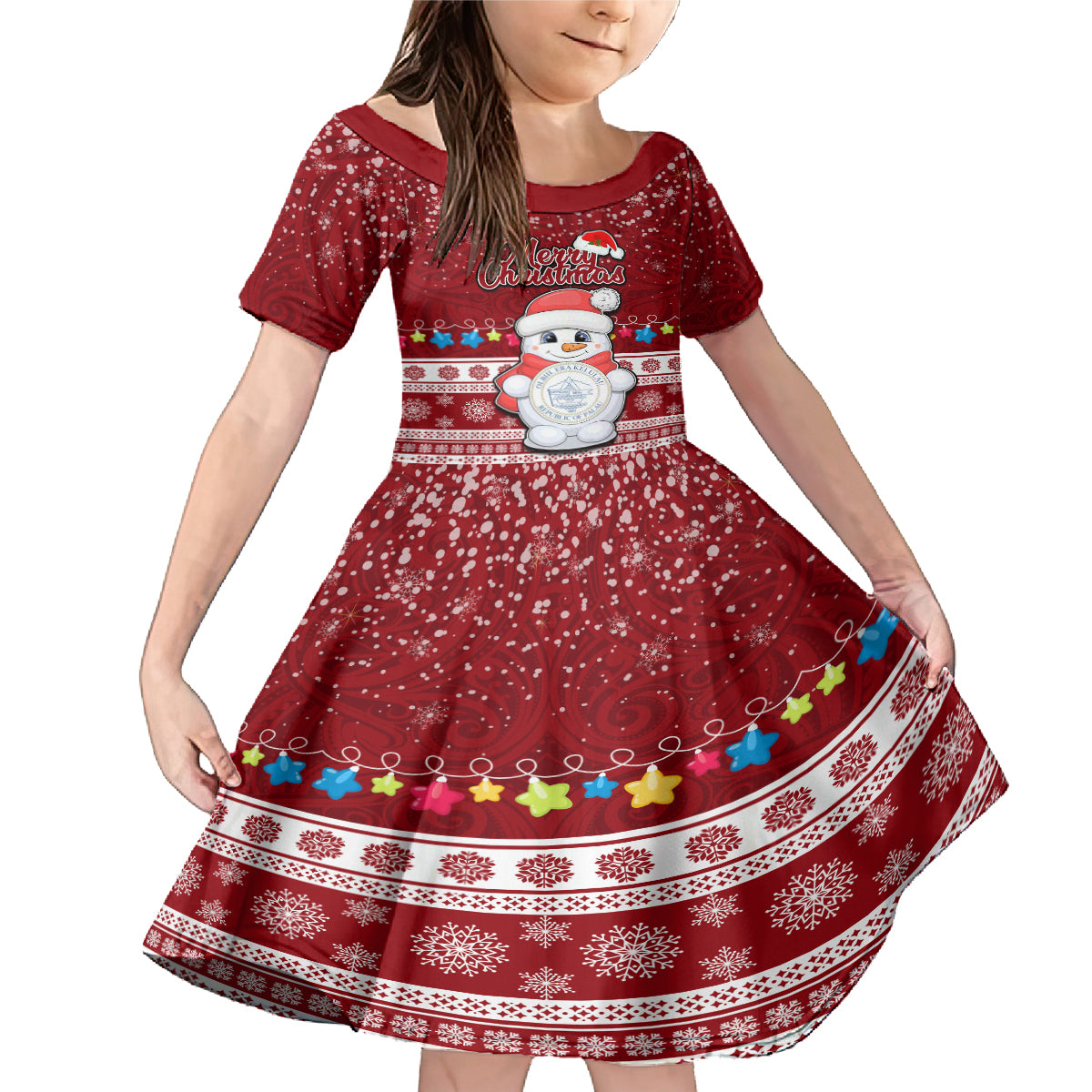 Palau Christmas Family Matching Mermaid Dress and Hawaiian Shirt Snowman and Palau Coat of Arms Maori Tribal Xmas Style LT03 Daughter's Dress Red - Polynesian Pride