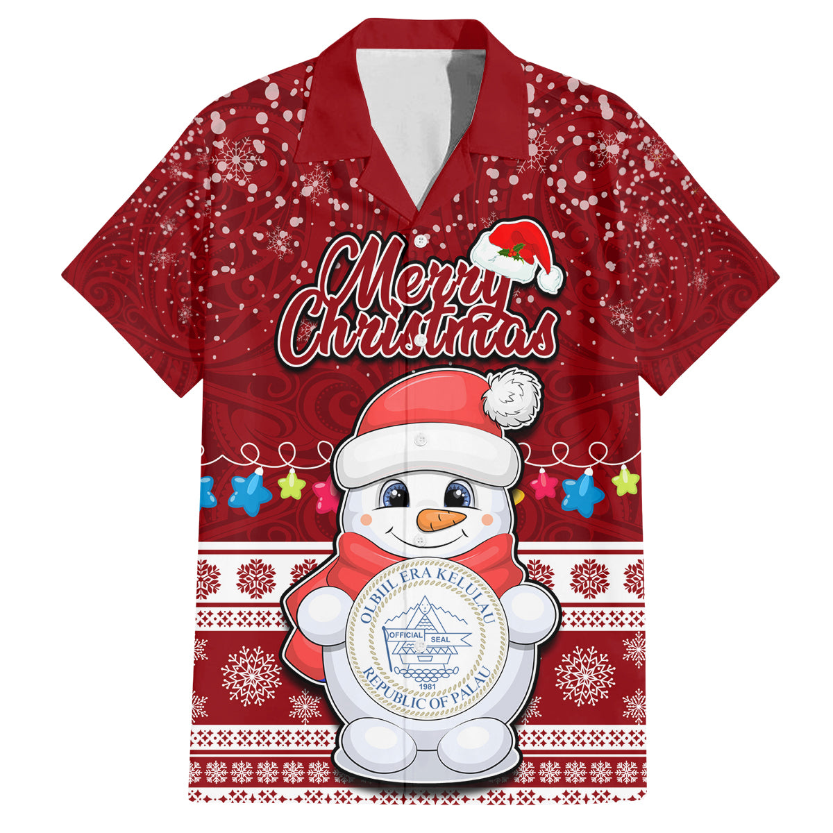 Palau Christmas Family Matching Off Shoulder Short Dress and Hawaiian Shirt Snowman and Palau Coat of Arms Maori Tribal Xmas Style LT03 Dad's Shirt - Short Sleeve Red - Polynesian Pride