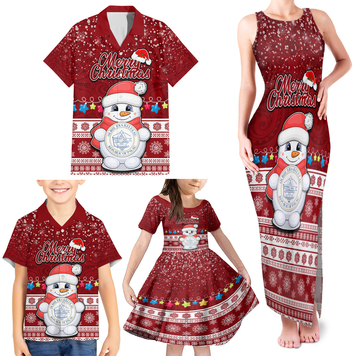 Palau Christmas Family Matching Tank Maxi Dress and Hawaiian Shirt Snowman and Palau Coat of Arms Maori Tribal Xmas Style LT03 - Polynesian Pride