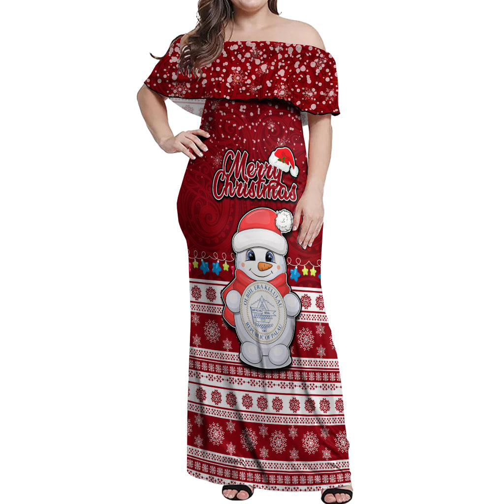 Palau Christmas Off Shoulder Maxi Dress Snowman and Palau Coat of Arms Maori Tribal Xmas Style LT03 Women Red - Polynesian Pride