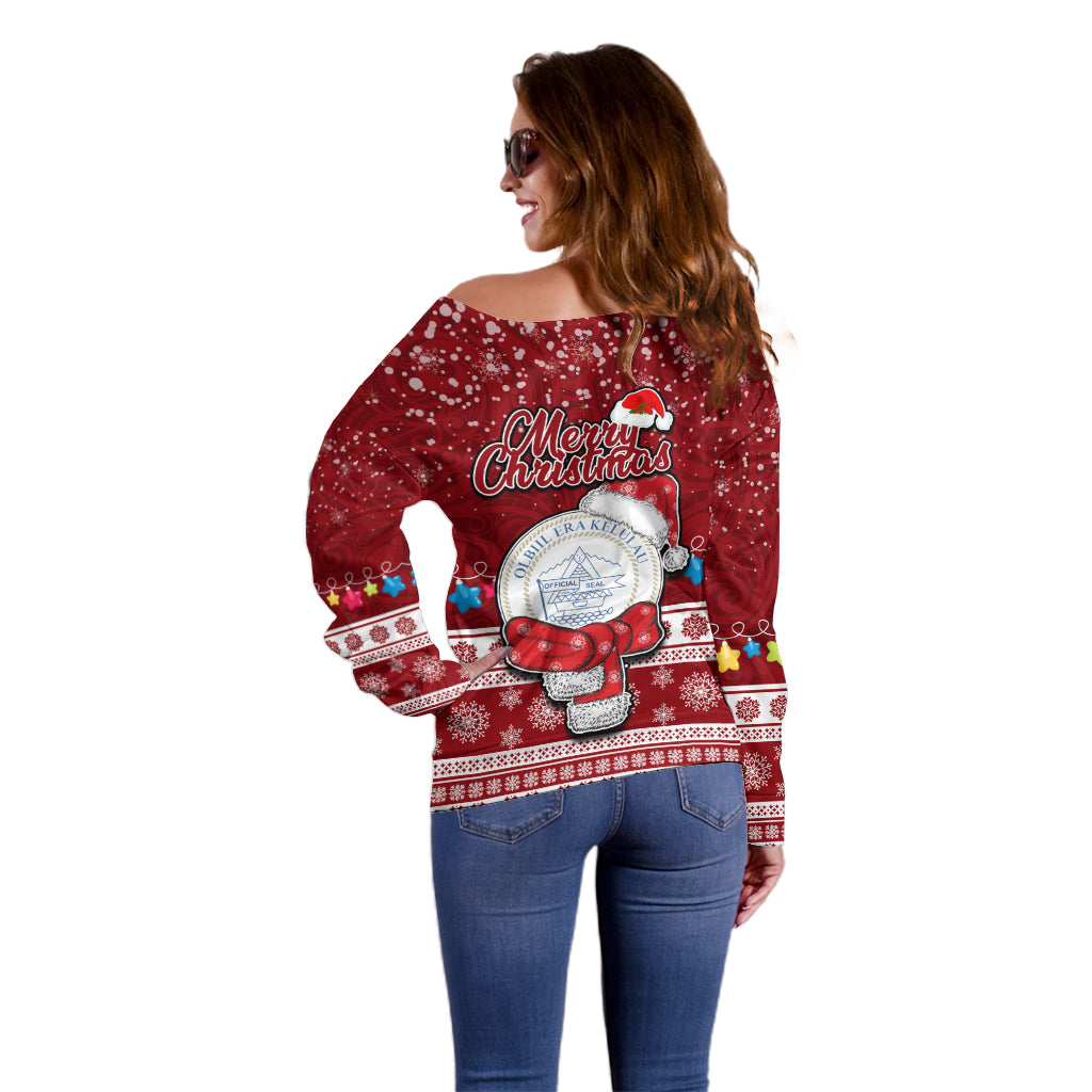 Palau Christmas Off Shoulder Sweater Snowman and Palau Coat of Arms Maori Tribal Xmas Style LT03 - Polynesian Pride