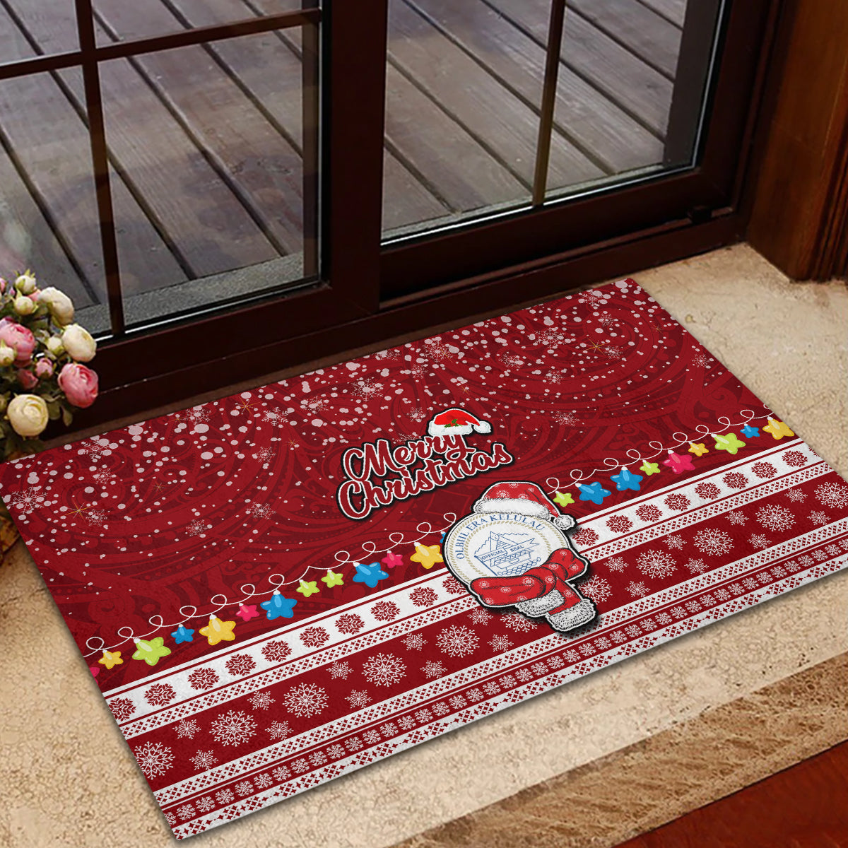 Palau Christmas Rubber Doormat Snowman and Palau Coat of Arms Maori Tribal Xmas Style LT03 - Polynesian Pride