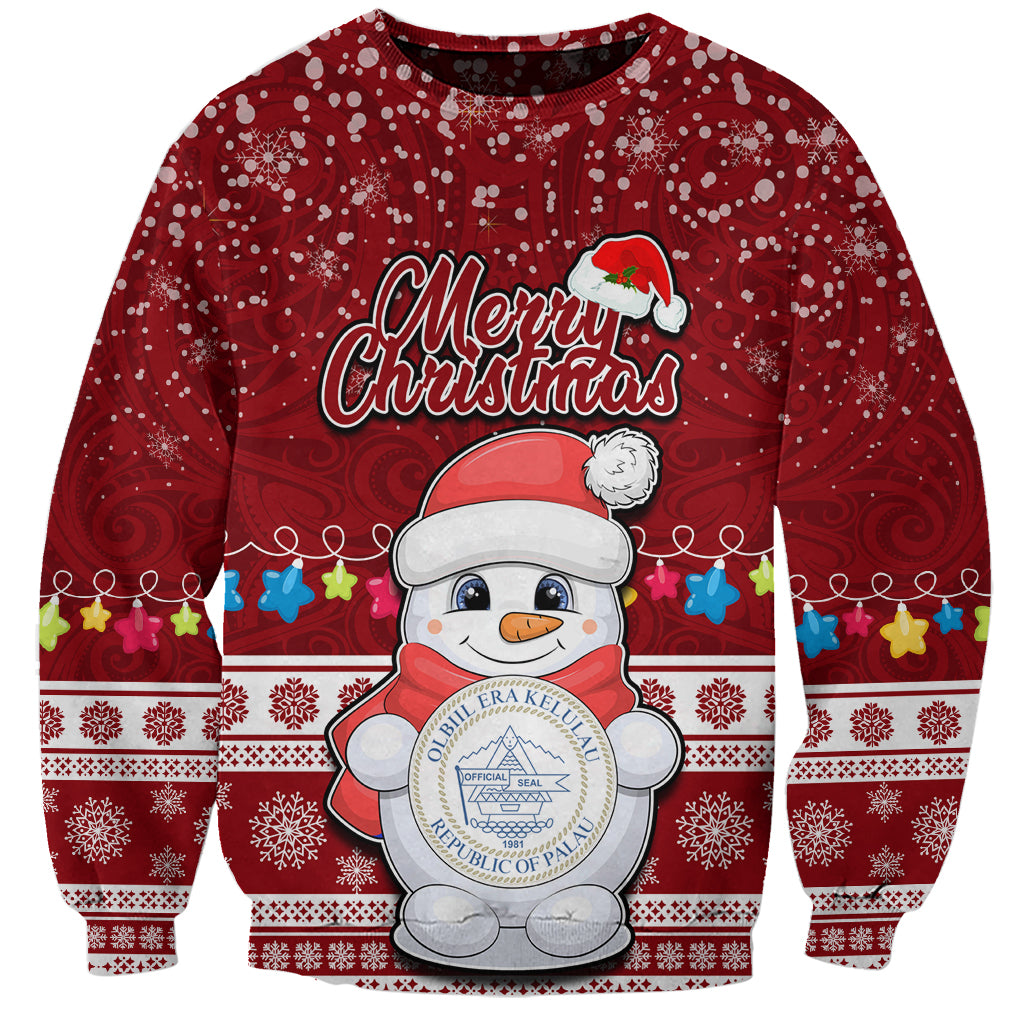 Palau Christmas Sweatshirt Snowman and Palau Coat of Arms Maori Tribal Xmas Style LT03 Unisex Red - Polynesian Pride