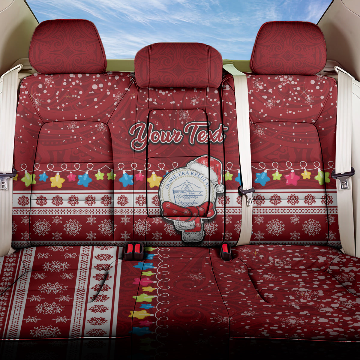 Personalised Palau Christmas Back Car Seat Cover Snowman and Palau Coat of Arms Maori Tribal Xmas Style