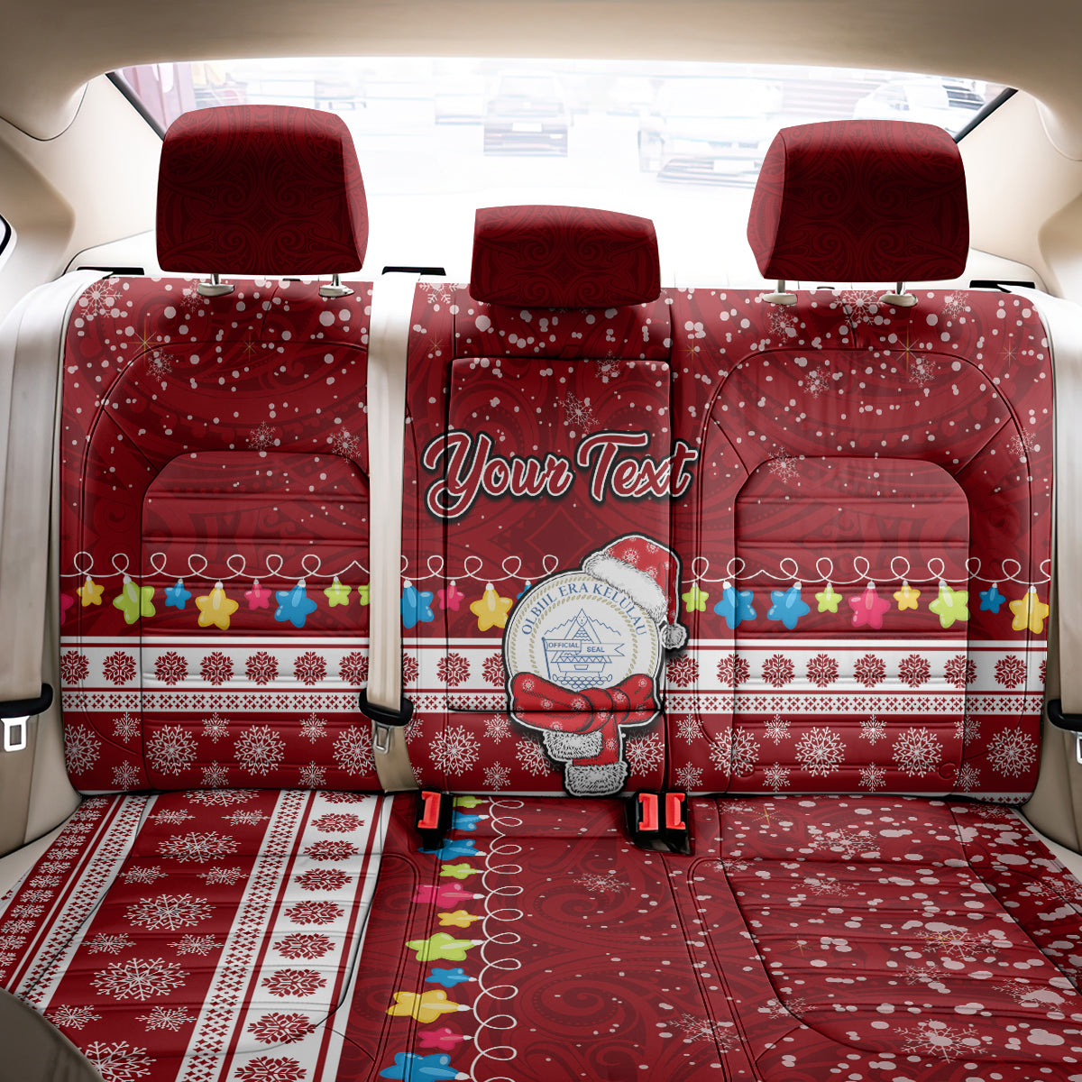 Personalised Palau Christmas Back Car Seat Cover Snowman and Palau Coat of Arms Maori Tribal Xmas Style