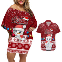 Personalised Palau Christmas Couples Matching Off Shoulder Short Dress and Hawaiian Shirt Snowman and Palau Coat of Arms Maori Tribal Xmas Style LT03 Red - Polynesian Pride