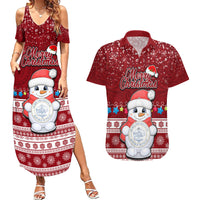 Personalised Palau Christmas Couples Matching Summer Maxi Dress and Hawaiian Shirt Snowman and Palau Coat of Arms Maori Tribal Xmas Style LT03 Red - Polynesian Pride