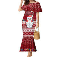 Personalised Palau Christmas Family Matching Mermaid Dress and Hawaiian Shirt Snowman and Palau Coat of Arms Maori Tribal Xmas Style LT03 Mom's Dress Red - Polynesian Pride