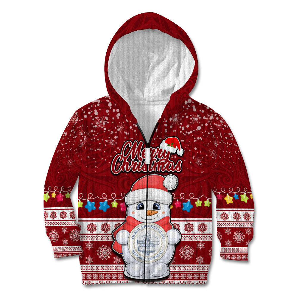 Personalised Palau Christmas Kid Hoodie Snowman and Palau Coat of Arms Maori Tribal Xmas Style LT03 Zip Hoodie Red - Polynesian Pride
