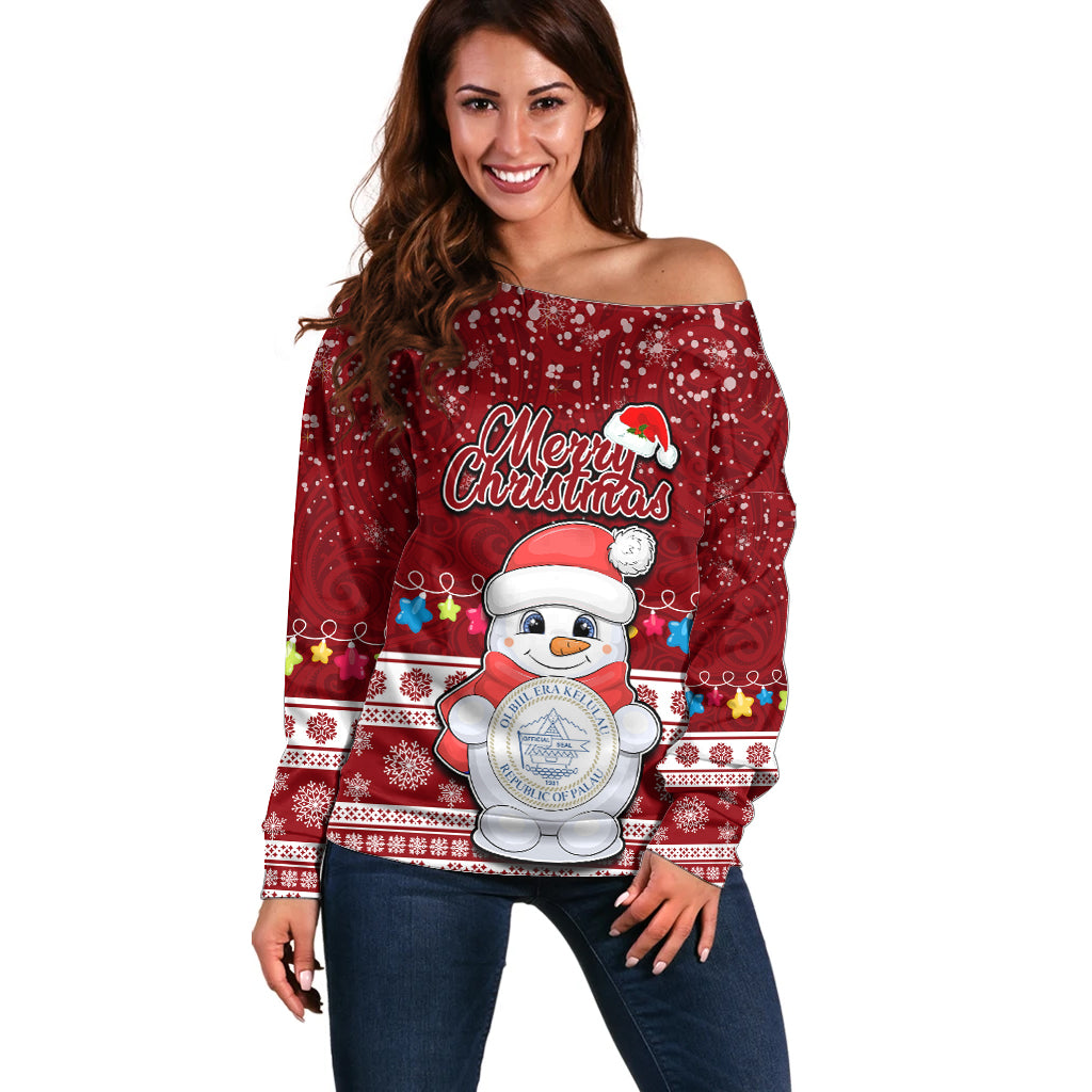 Personalised Palau Christmas Off Shoulder Sweater Snowman and Palau Coat of Arms Maori Tribal Xmas Style LT03 Women Red - Polynesian Pride