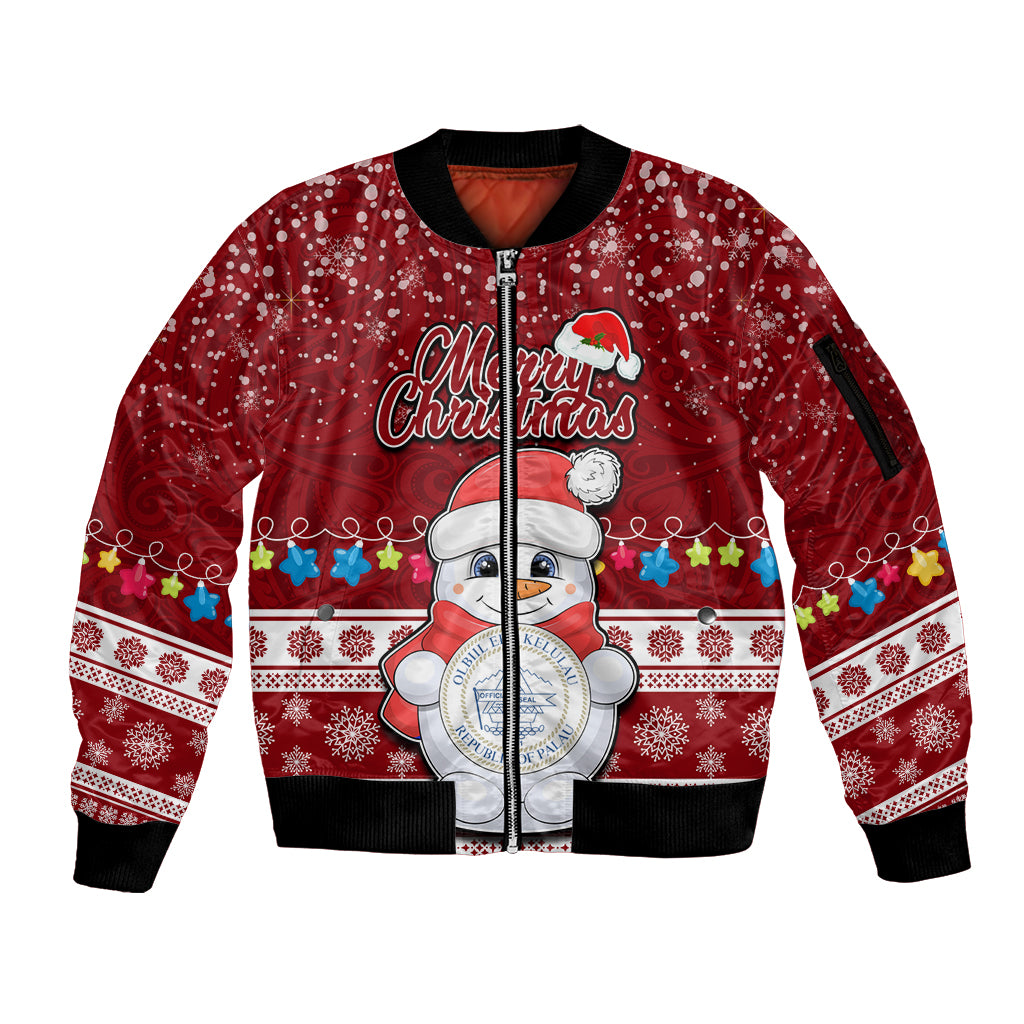 Personalised Palau Christmas Sleeve Zip Bomber Jacket Snowman and Palau Coat of Arms Maori Tribal Xmas Style LT03 Unisex Red - Polynesian Pride