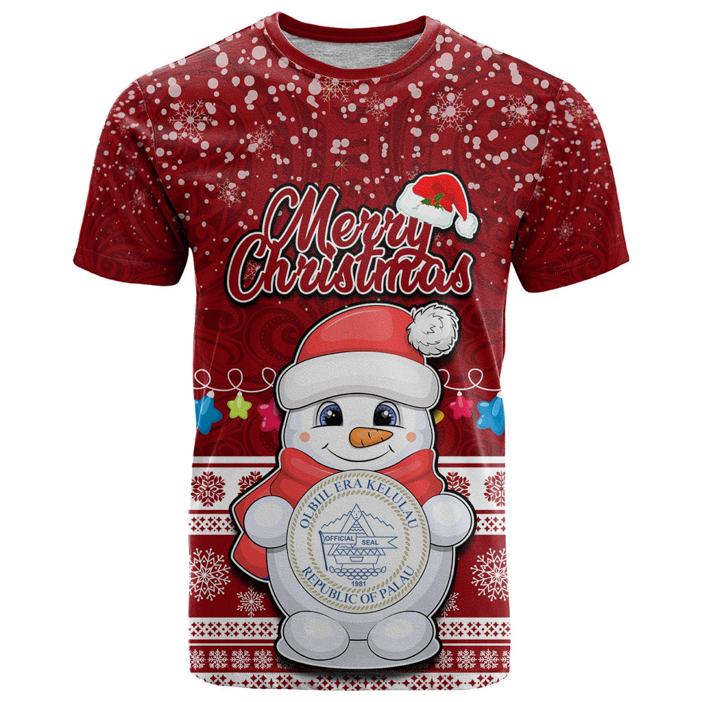 Personalised Palau Christmas T Shirt Snowman and Palau Coat of Arms Maori Tribal Xmas Style LT03 Red - Polynesian Pride