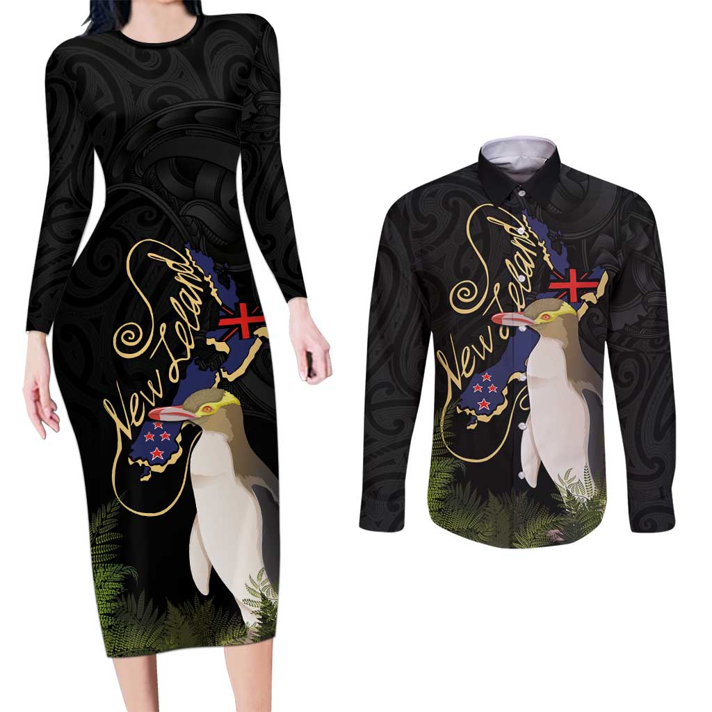 New Zealand Hoiho Couples Matching Long Sleeve Bodycon Dress and Long Sleeve Button Shirt Maori Art Tattoo and Silver Fern LT03 Black - Polynesian Pride
