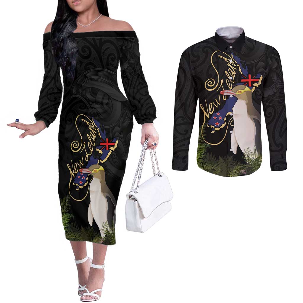 New Zealand Hoiho Couples Matching Off The Shoulder Long Sleeve Dress and Long Sleeve Button Shirt Maori Art Tattoo and Silver Fern LT03 Black - Polynesian Pride