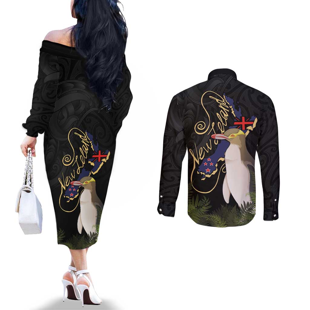 New Zealand Hoiho Couples Matching Off The Shoulder Long Sleeve Dress and Long Sleeve Button Shirt Maori Art Tattoo and Silver Fern