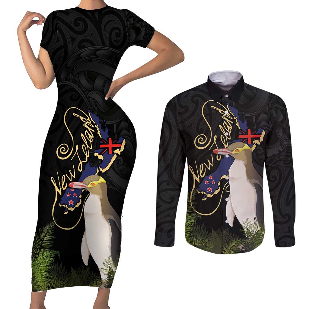 New Zealand Hoiho Couples Matching Short Sleeve Bodycon Dress and Long Sleeve Button Shirt Maori Art Tattoo and Silver Fern LT03 Black - Polynesian Pride