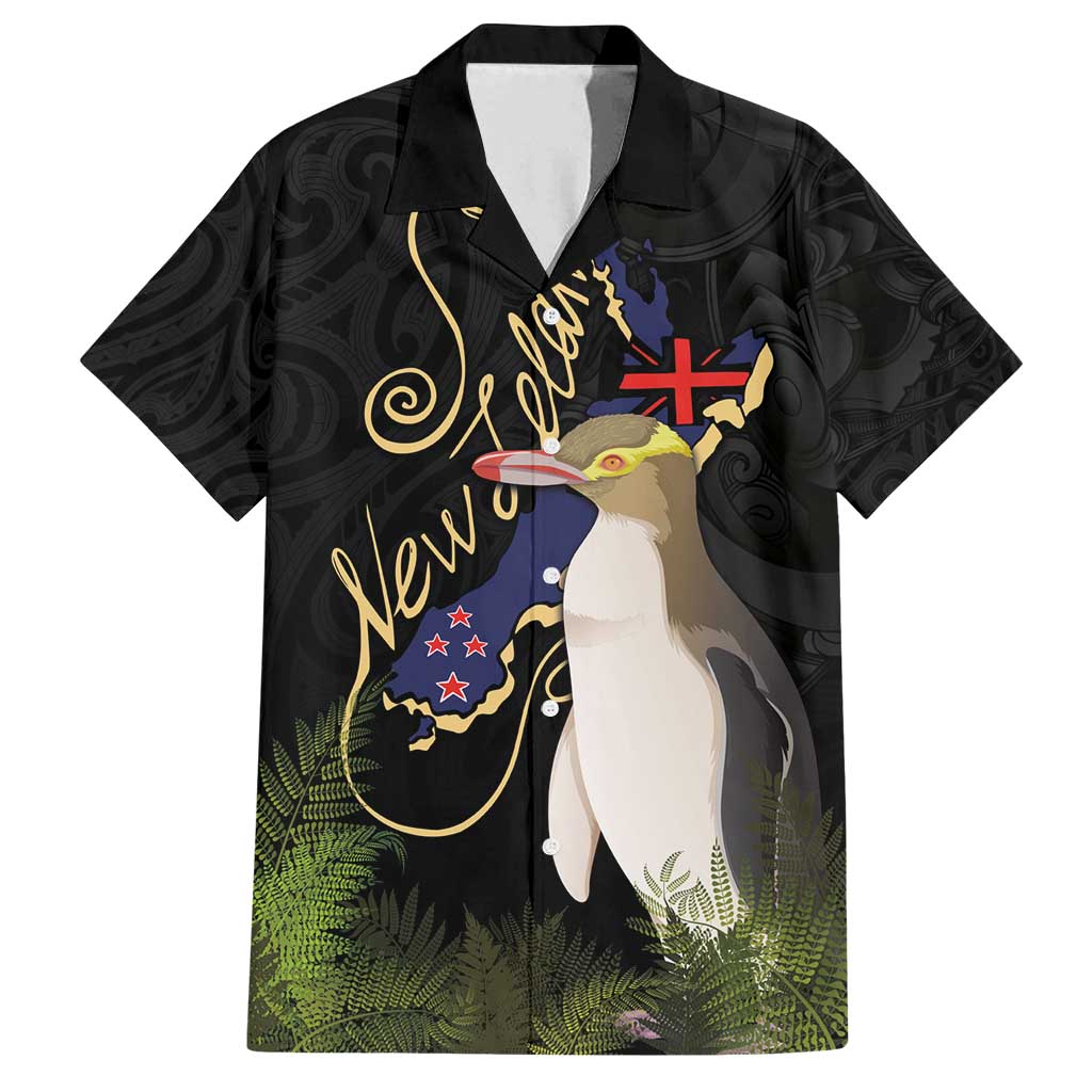 New Zealand Hoiho Family Matching Tank Maxi Dress and Hawaiian Shirt Maori Art Tattoo and Silver Fern LT03 Dad's Shirt - Short Sleeve Black - Polynesian Pride