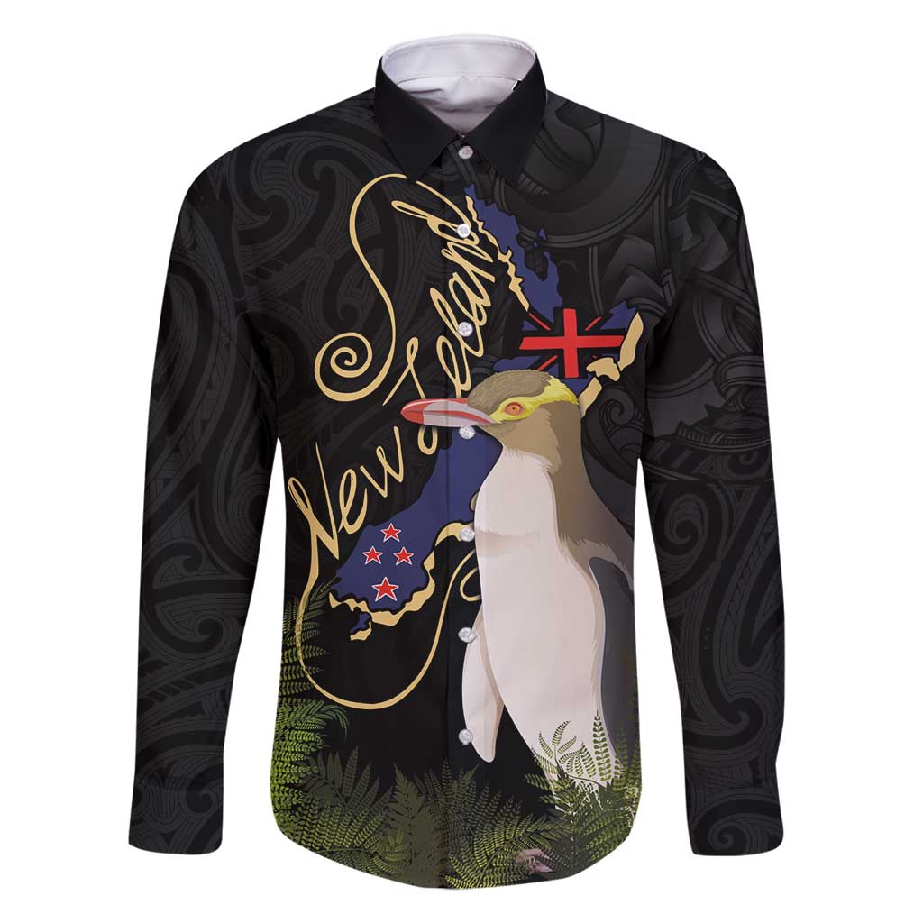 New Zealand Hoiho Family Matching Tank Maxi Dress and Hawaiian Shirt Maori Art Tattoo and Silver Fern LT03 Dad's Shirt - Long Sleeve Black - Polynesian Pride
