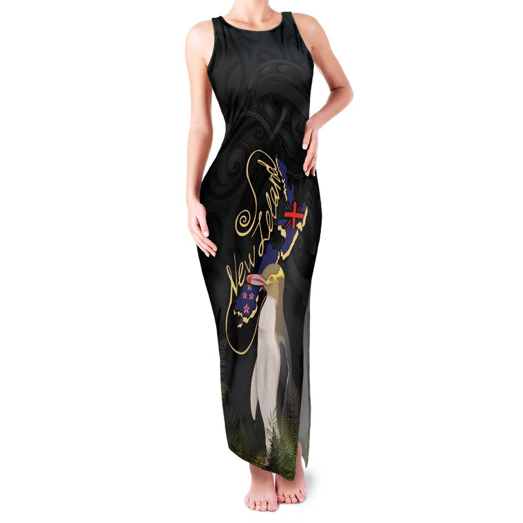 New Zealand Hoiho Family Matching Tank Maxi Dress and Hawaiian Shirt Maori Art Tattoo and Silver Fern LT03 Mom's Dress Black - Polynesian Pride