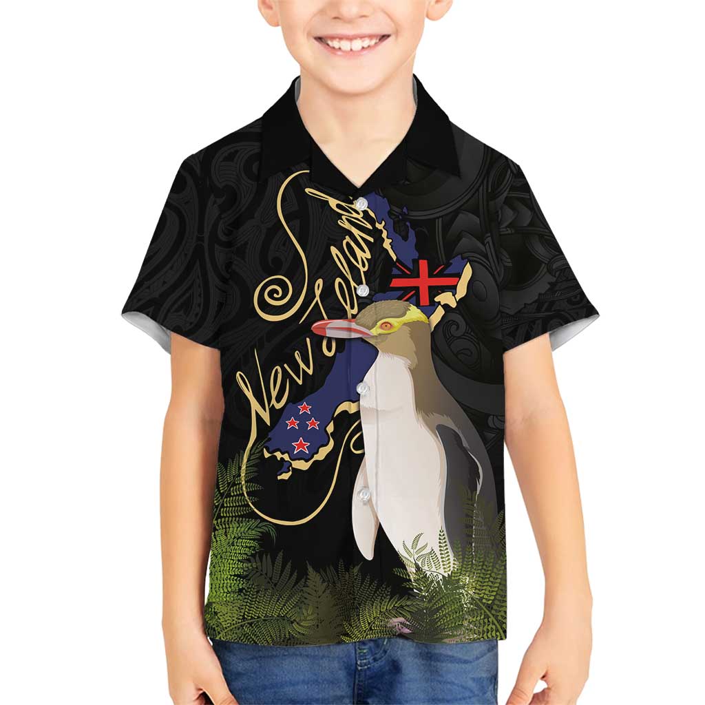 New Zealand Hoiho Family Matching Tank Maxi Dress and Hawaiian Shirt Maori Art Tattoo and Silver Fern LT03 Son's Shirt Black - Polynesian Pride