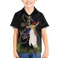 New Zealand Hoiho Family Matching Tank Maxi Dress and Hawaiian Shirt Maori Art Tattoo and Silver Fern LT03 Son's Shirt Black - Polynesian Pride