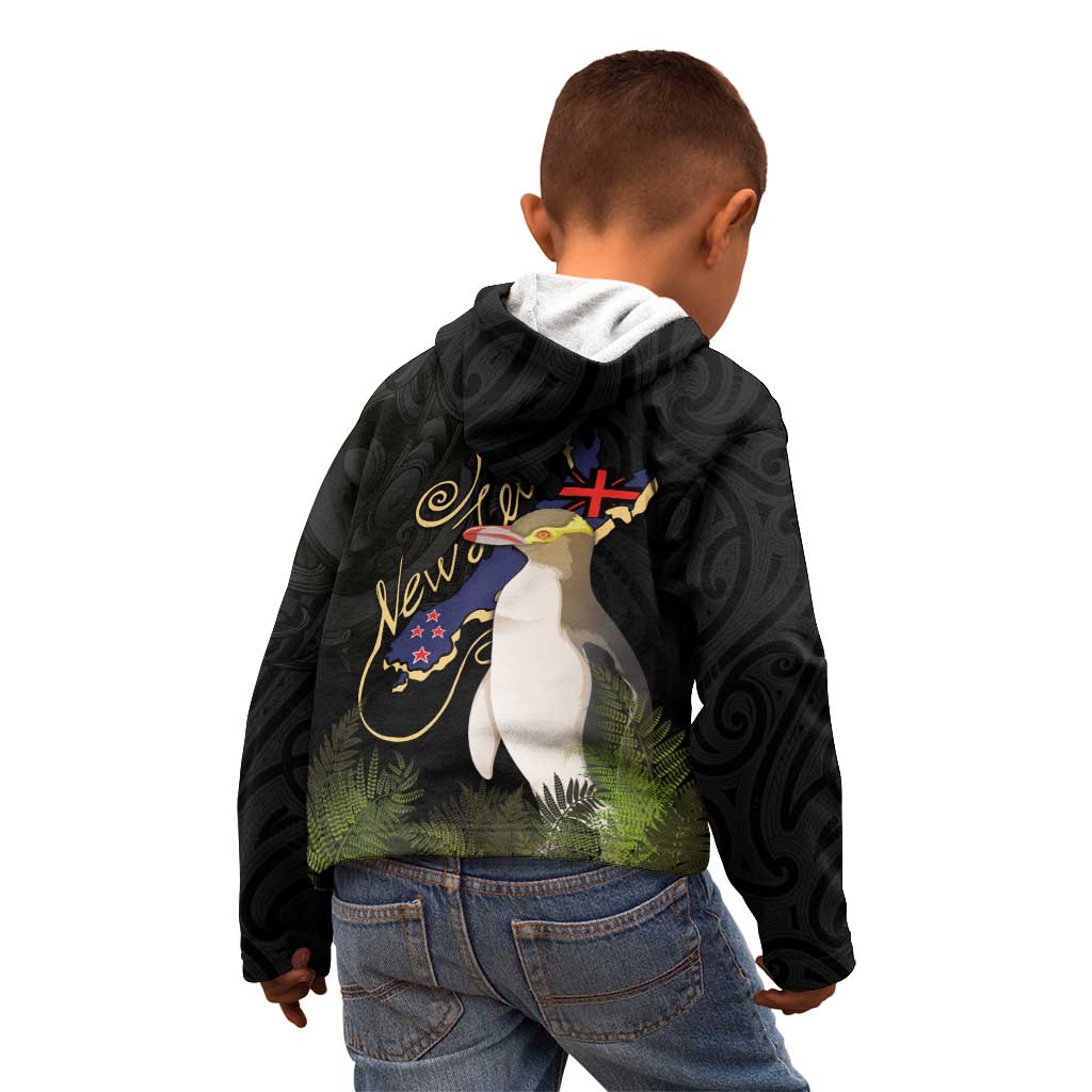 New Zealand Hoiho Kid Hoodie Maori Art Tattoo and Silver Fern