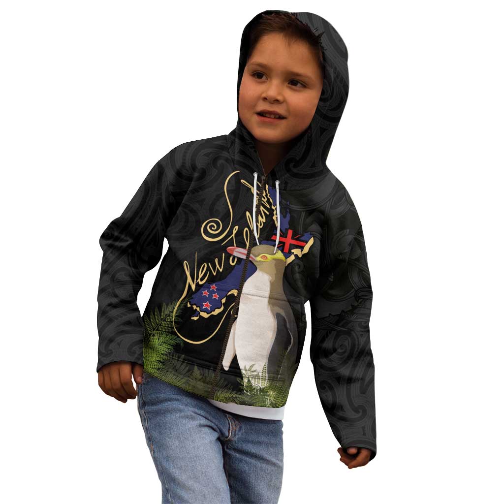 New Zealand Hoiho Kid Hoodie Maori Art Tattoo and Silver Fern