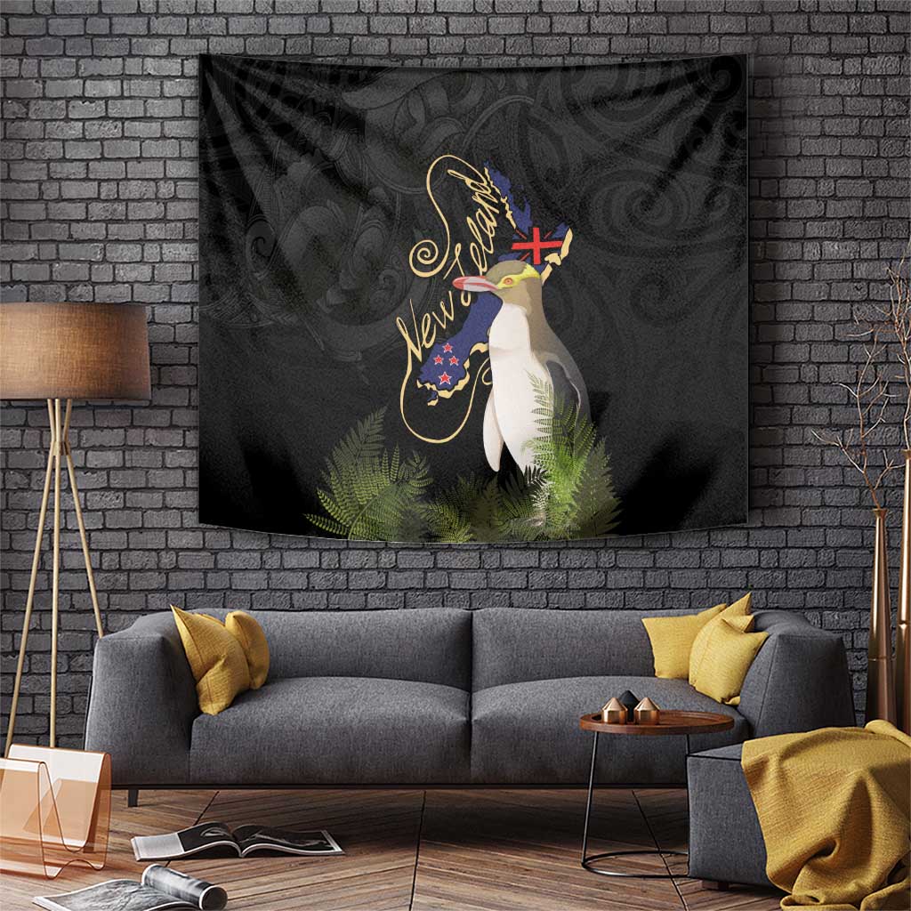 New Zealand Hoiho Tapestry Maori Art Tattoo and Silver Fern LT03 Black - Polynesian Pride