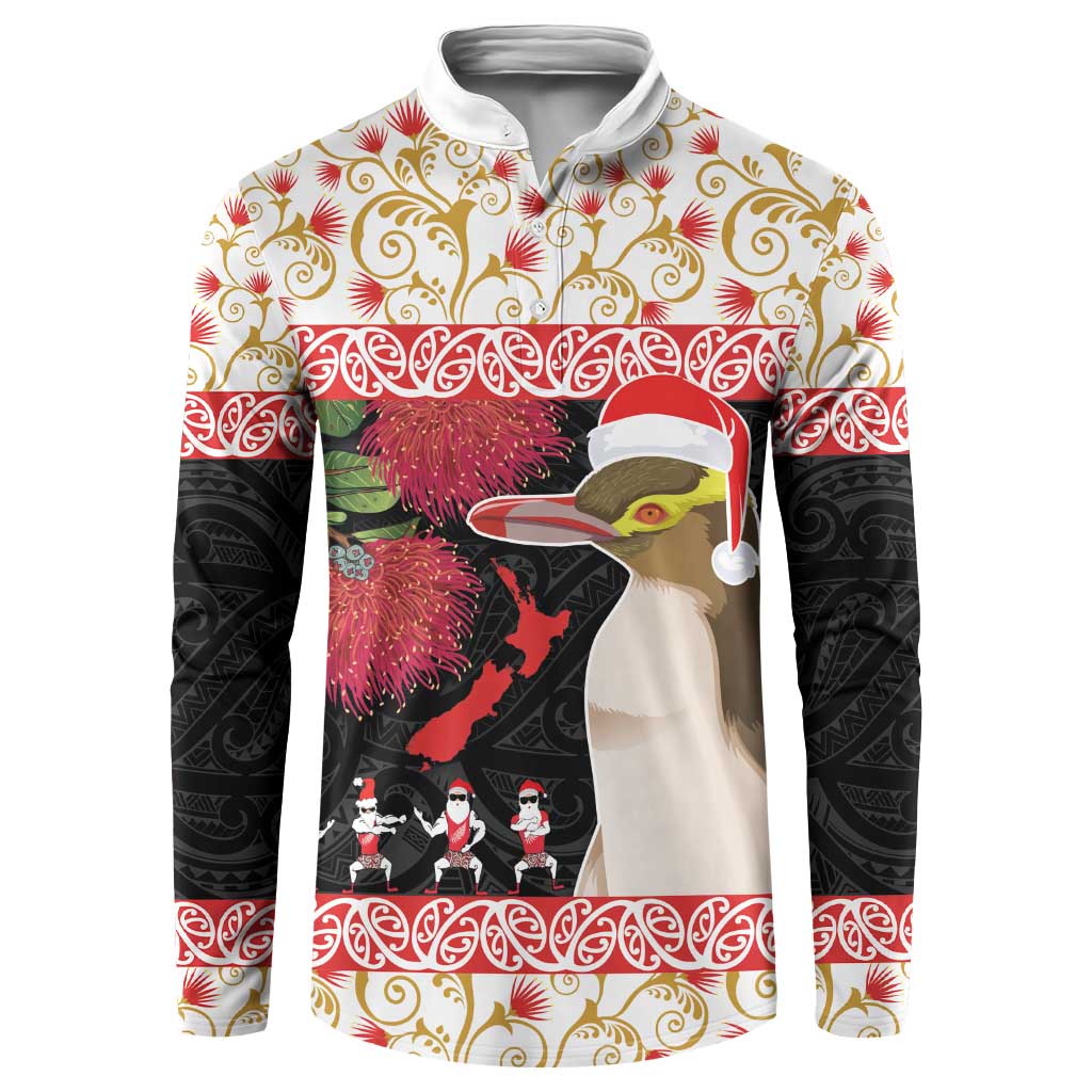 New Zealand Merry Christmas Button Sweatshirt Hoiho Xmas - Haka Dance and Pohutukawa LT03 White - Polynesian Pride