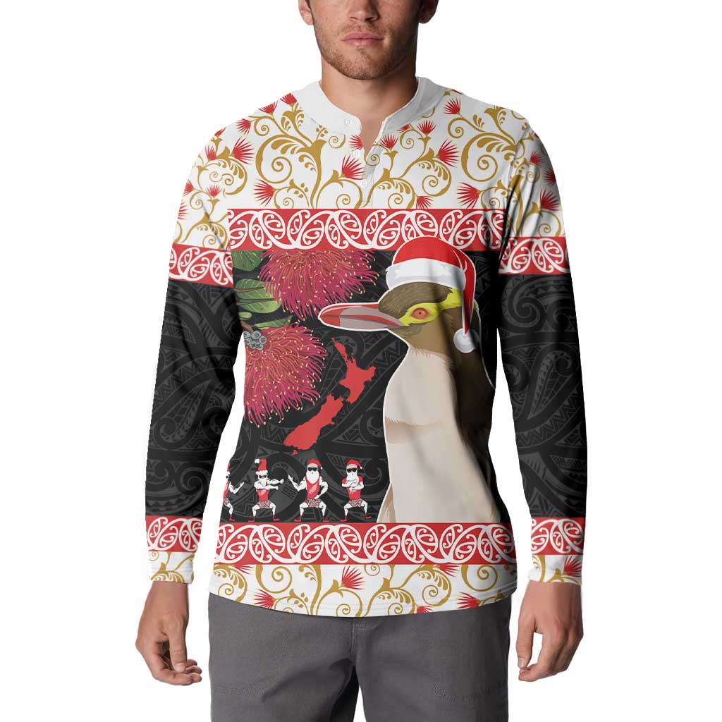 New Zealand Merry Christmas Button Sweatshirt Hoiho Xmas - Haka Dance and Pohutukawa LT03 - Polynesian Pride