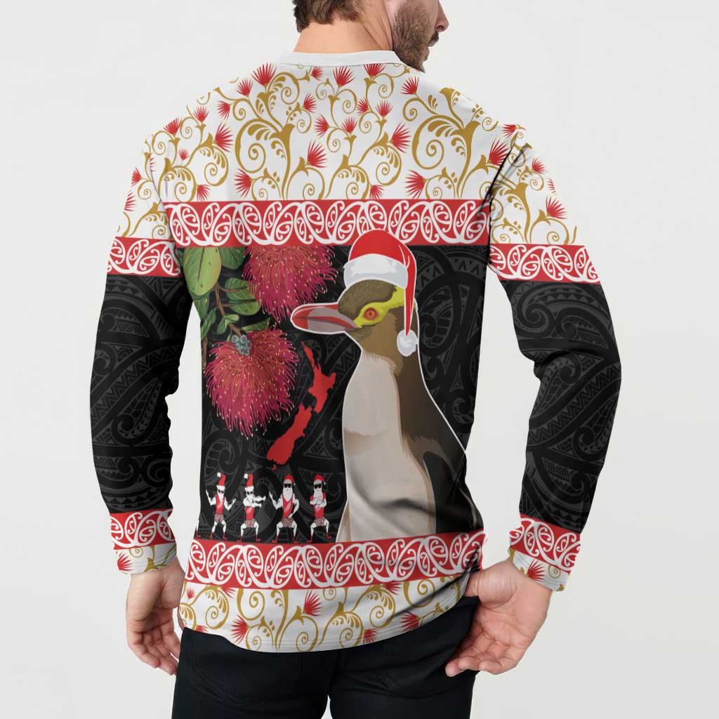 New Zealand Merry Christmas Button Sweatshirt Hoiho Xmas - Haka Dance and Pohutukawa LT03 - Polynesian Pride