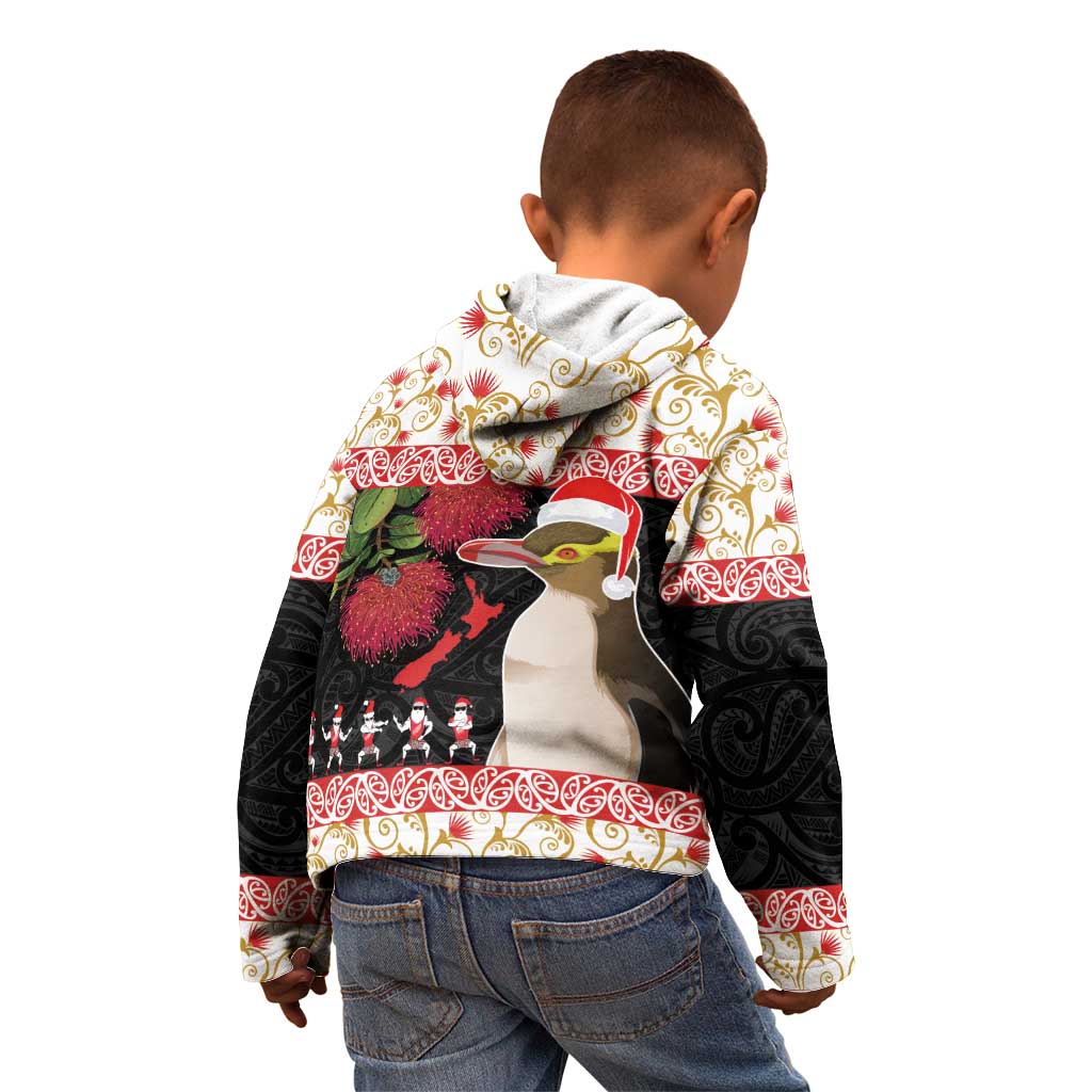 New Zealand Merry Christmas Kid Hoodie Hoiho Xmas - Haka Dance and Pohutukawa