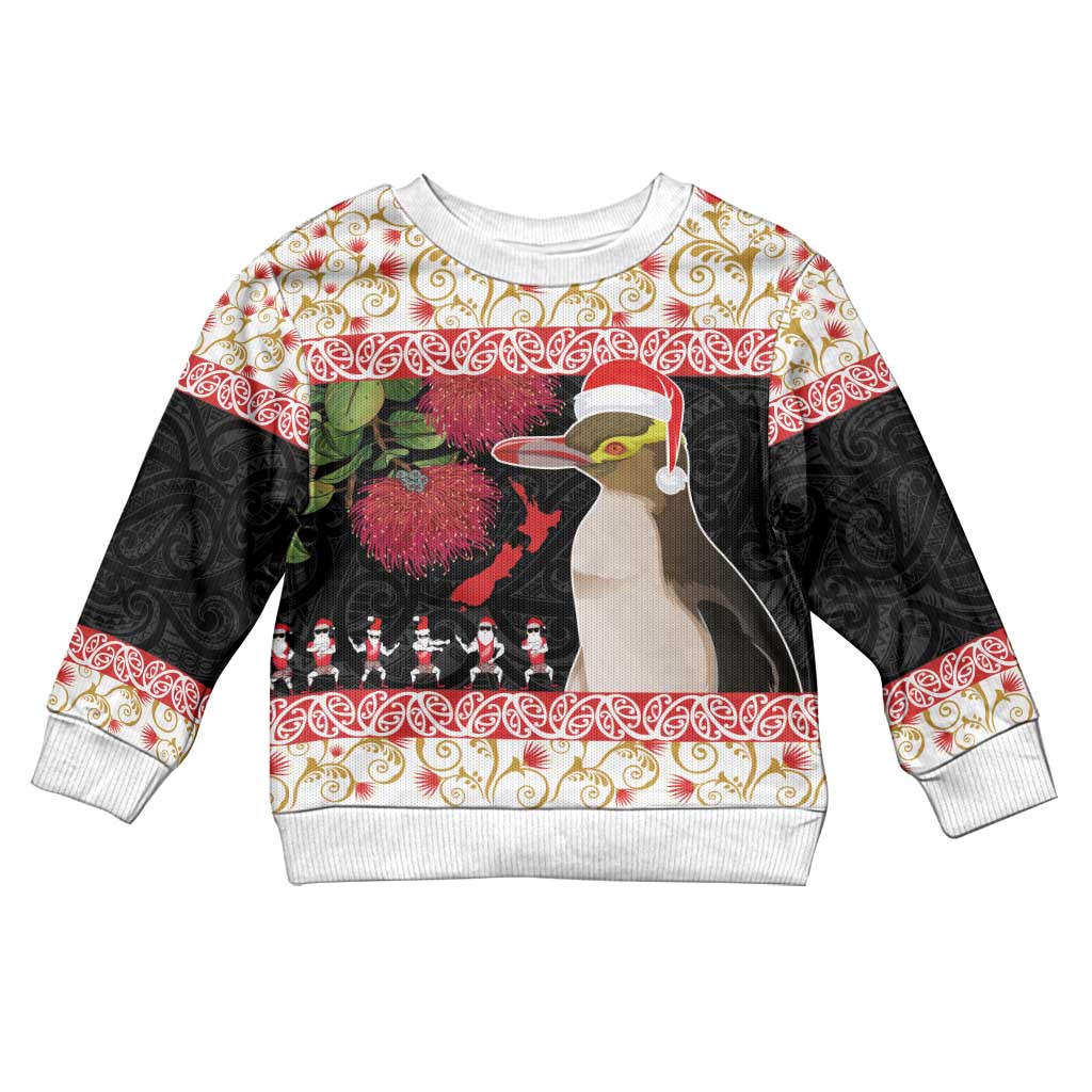 New Zealand Merry Christmas Kid Ugly Christmas Sweater Hoiho Xmas - Haka Dance and Pohutukawa
