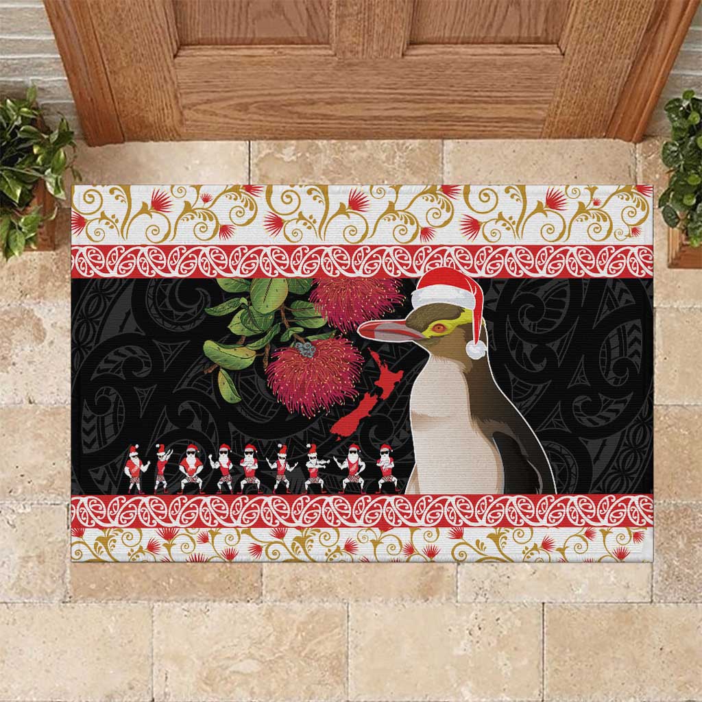 New Zealand Merry Christmas Rubber Doormat Hoiho Xmas - Haka Dance and Pohutukawa LT03 White - Polynesian Pride