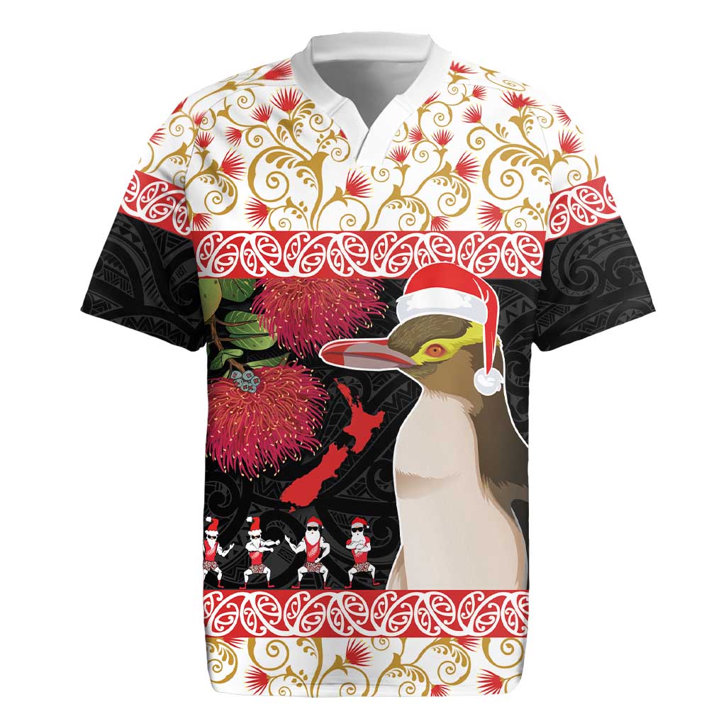 New Zealand Merry Christmas Rugby Jersey Hoiho Xmas - Haka Dance and Pohutukawa