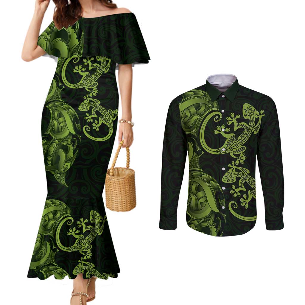 New Zealand Gecko Maori Art Tattoo Couples Matching Mermaid Dress and Long Sleeve Button Shirt