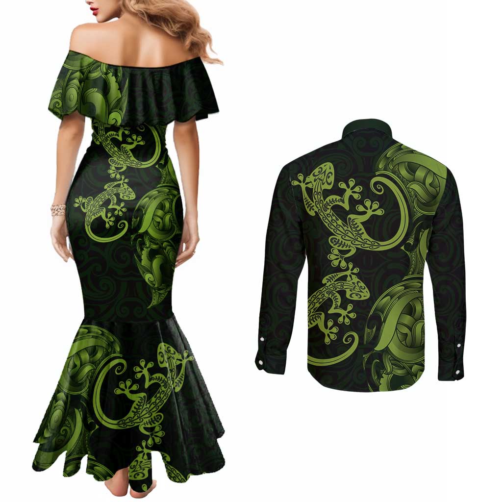 New Zealand Gecko Maori Art Tattoo Couples Matching Mermaid Dress and Long Sleeve Button Shirt